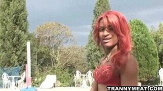 Hot latina redhead tranny jerks her cock off - porn video